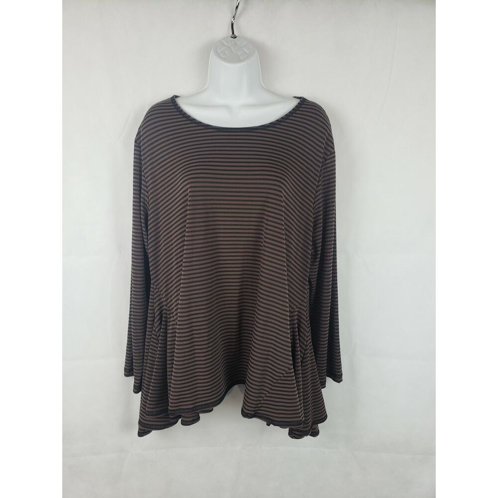 Sophia NYC Made in USA XL Stretch Top Black/Brown Stripes Lagenlook Ruffled